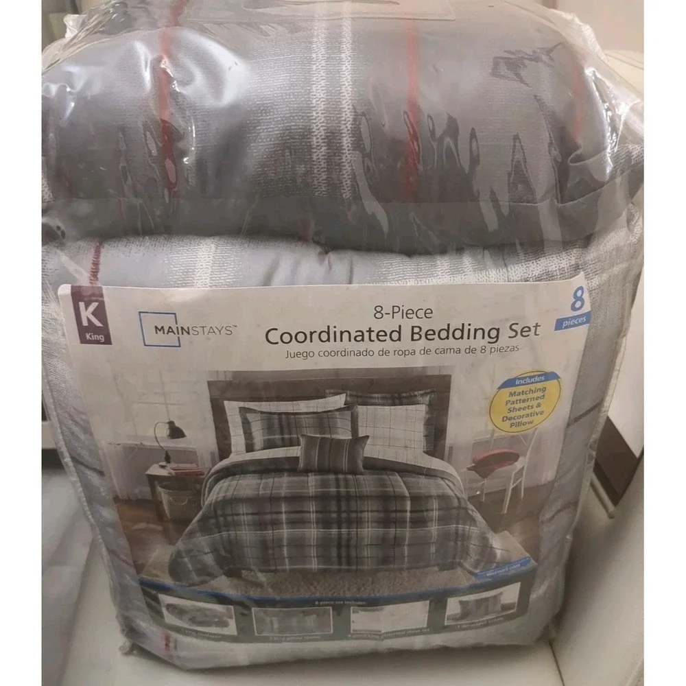 Brand New Mainstays 8 Piece Coordinated Bedding Set King Size In Beautiful Grays